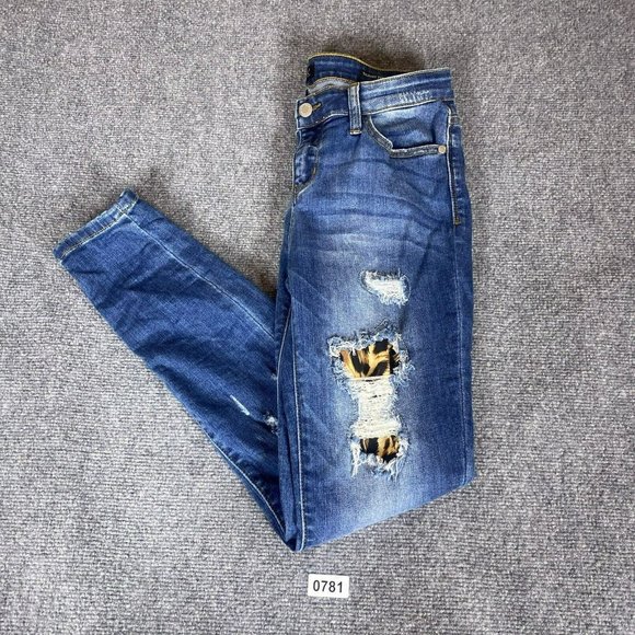 Judy Blue Denim - Judy Blue Jeans Womens 7 28 Skinny Fiit Distresssed Leopard Patch Stretch Denim